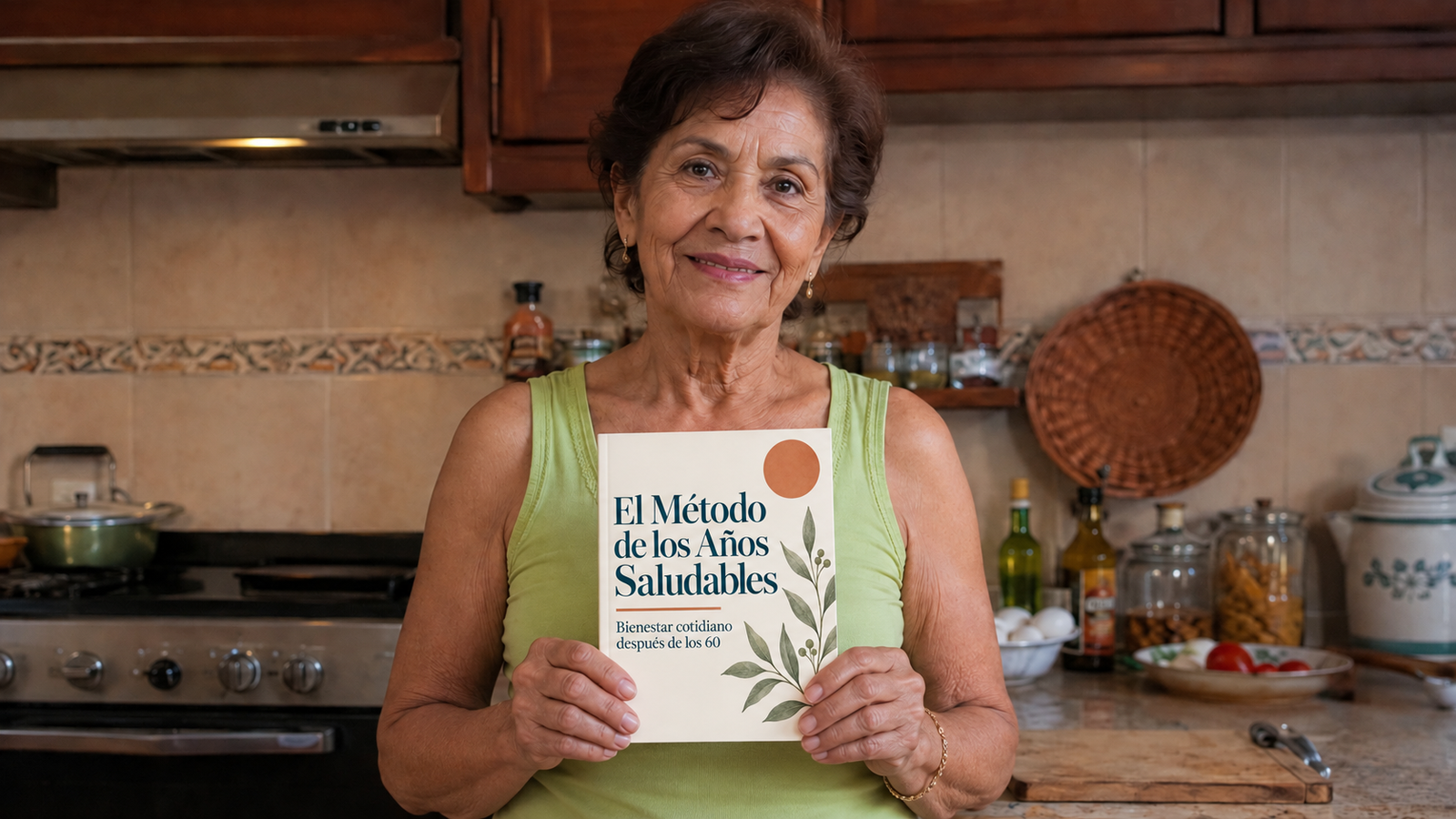 Mujer mayor sonriente sosteniendo el libro El Método de los Años Saludables en su cocina
